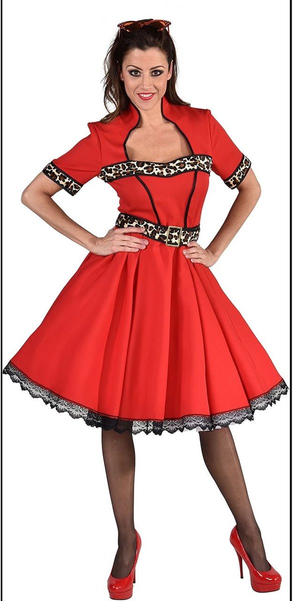 Jaren 50 Kostuum | Pittig Rood Jaren 50 Met Luipaard Print | Vrouw | Extra Small | Carnaval kostuum | Verkleedkleding